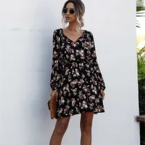 Women Floral Print V-neck Long Sleeve Mini Dress