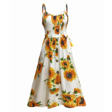 Women Sunflowers Floral Print High Waist Slip A-line Dress