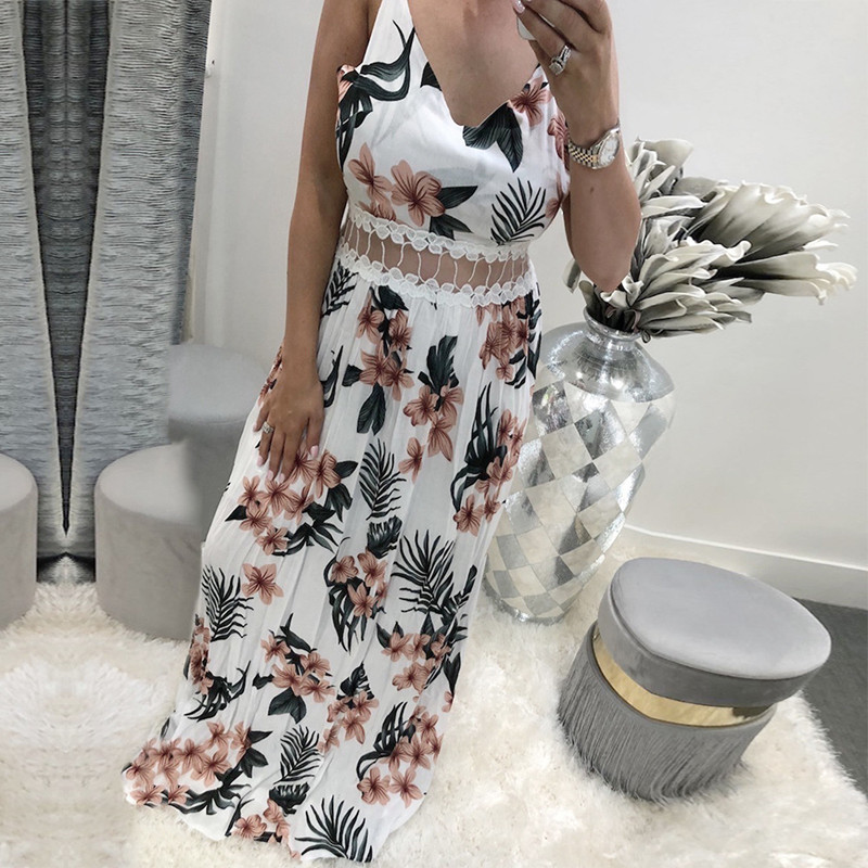 Women Floral Print Cut Out Mesh High Waist V-neck Slip Maxi Dress