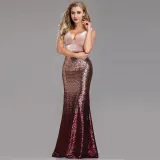 Women Velvet Ombre Sequins Matching V-neck Mermaid Maxi Party Dress