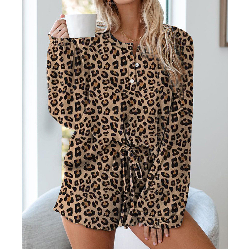 Women Brown Leopard Print Long Sleeves Tops and Shorts Home Casual Lounge Sets