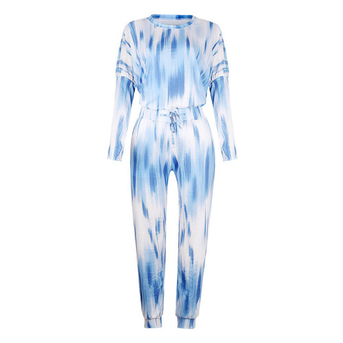Women Tie Dye Blue Round Neck Long Sleeves Casual Lounge Sets