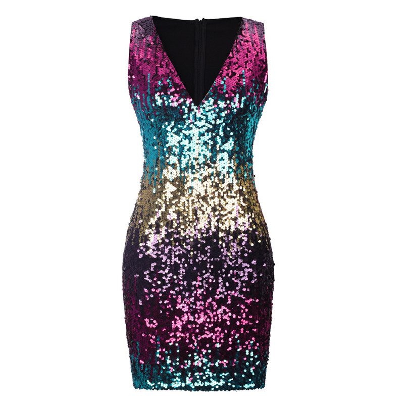 Fashion V neck Dress Bodycon Novelty Dress Women Slim Package Hip Club Mini Sequins Dress Party