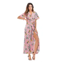 Women Floral Print Split V-neck Maxi Wrap Dress