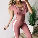 Women V-Neck Lace Up Hooded Short Sleeve Tops and White Stripes Pants Skinny Sports Sets