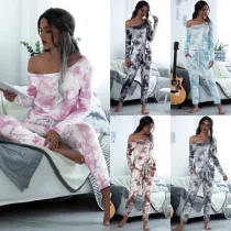 Women Off The Shoulder Tie-Dye Long Sleeves Pocketed Casual Home Jumpsuit