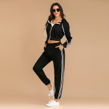 Women Zipper Hooded Long Sleeves Short Top and Stripes Pants Sports Two-piece Sets