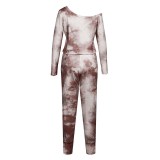 Women Off The Shoulder Tie-Dye Long Sleeves Pocketed Casual Home Jumpsuit