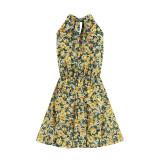 Women Floral Print Halter Sleeveless Mini Dress