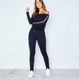 Women Off The Shoulder Top and 3 Colors Stripes Pant Sports Tow-piece Sets