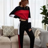 Women Color Matching Long Sleeves Pullover Top and Pant Home Casual Lounge Sets