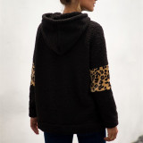 Women Plush Macthing Leopard Prints Hooded Pullover Pocket Sweatshirt Tops