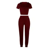 Women V-Neck Lace Up Hooded Short Sleeve Tops and White Stripes Pants Skinny Sports Sets