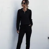 Women Zipper Stand Collar Sports Long Sleeves Two-Piece Sports Lounge Sets