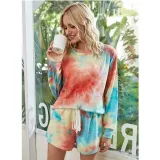 Women Tie-Dye Long Sleeves Pullover Tops and Shorts Home Casual Lounge Sets