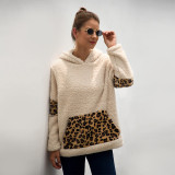 Women Plush Macthing Leopard Prints Hooded Pullover Pocket Sweatshirt Tops