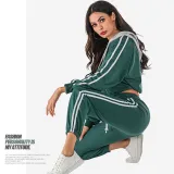 Women Long Sleeves Hooded Short Stripes Top and Sports Pants Two-piece Sets