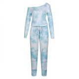 Women Off The Shoulder Tie-Dye Long Sleeves Pocketed Casual Home Jumpsuit