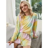 Women Tie-Dye Long Sleeves Pullover Tops and Shorts Home Casual Lounge Sets