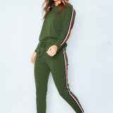 Women 3 Color Stripes Long Sleeves Round Neck Pullover Top and Sports Pants Two-piece Sets