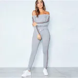 Women Off The Shoulder Top and 3 Colors Stripes Pant Sports Tow-piece Sets