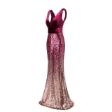 Women Velvet Ombre Sequins Matching V-neck Mermaid Maxi Party Dress
