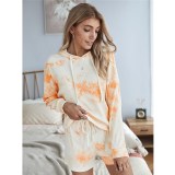 Women Tie-Dye Hooded Pullover Long Sleeves Tops and Shorts Home Casual Sets