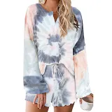 Women Tie-Dye Long Sleeves Tops and Shorts Home Casual Lounge Sets