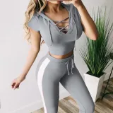 Women V-Neck Lace Up Hooded Short Sleeve Tops and White Stripes Pants Skinny Sports Sets
