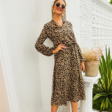 Women Leopard High Waist V-neck Long Sleeve Maxi Dress