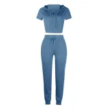 Women V-Neck Lace Up Hooded Short Sleeve Tops and White Stripes Pants Skinny Sports Sets