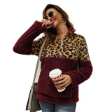 Women Plush Leopard Pullover Long Sleeves Sweatshirt Tops