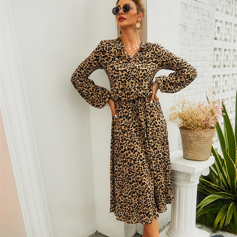 White Leopard Print Notch V Neck Loose Fit Maxi Dress main image 0