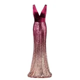 Women Velvet Ombre Sequins Matching V-neck Mermaid Maxi Party Dress