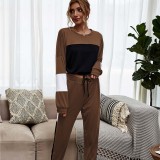 Women Color Matching Long Sleeves Pullover Top and Pant Home Casual Lounge Sets