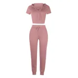 Women V-Neck Lace Up Hooded Short Sleeve Tops and White Stripes Pants Skinny Sports Sets