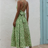 Wome Floral Print High Waist V-neck Slip Backless Maxi Dress