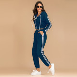 Women Zipper Hooded Long Sleeves Short Top and Stripes Pants Sports Two-piece Sets