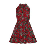 Women Floral Print Halter Sleeveless Mini Dress