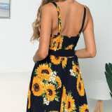 Women Sunflowers Floral Print High Waist Slip A-line Dress