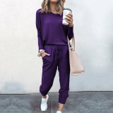 Women Round Neck Pullover Long Sleeves Top and Sport Pant Casual Two-piece Sets