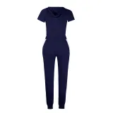 Women V-Neck Lace Up Hooded Short Sleeve Tops and White Stripes Pants Skinny Sports Sets