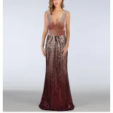 Women Velvet Ombre Sequins Matching V-neck Mermaid Maxi Party Dress