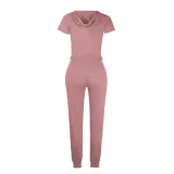 Women V-Neck Lace Up Hooded Short Sleeve Tops and White Stripes Pants Skinny Sports Sets