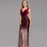 Women Velvet Ombre Sequins Matching V-neck Mermaid Maxi Party Dress