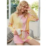 Women Tie-Dye Long Sleeves Pullover Tops and Shorts Home Casual Lounge Sets