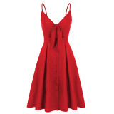 Women Solid Color Bowknot Button Slip Dress