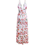 Women Floral Print V-neck Slip Beach Maxi Dress