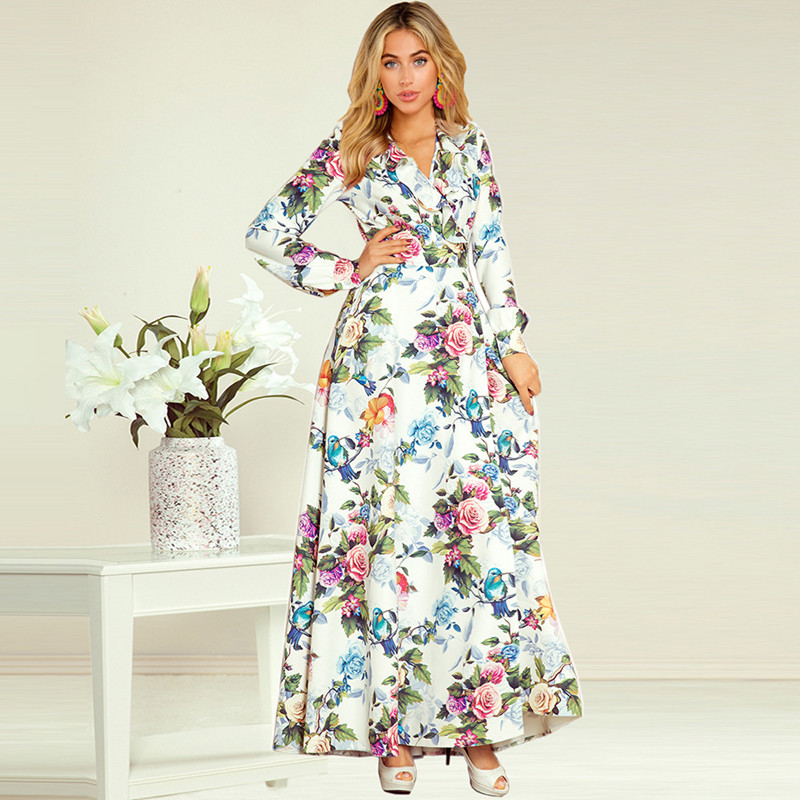 Women Floral Print Ruffles V-neck Long Sleeve Maxi Dress