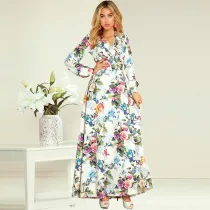Women Floral Print Ruffles V-neck Long Sleeve Maxi Dress